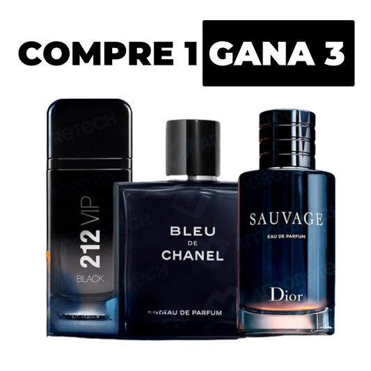 KIT 3 PERFUMES IMPORTADOS - SAUVAGE DIOR | BLEU DE CHANEL| 212 VIP BLACK + REGALLO EXCLUSIVO [ÚLTIMAS UNIDADES 🚨]